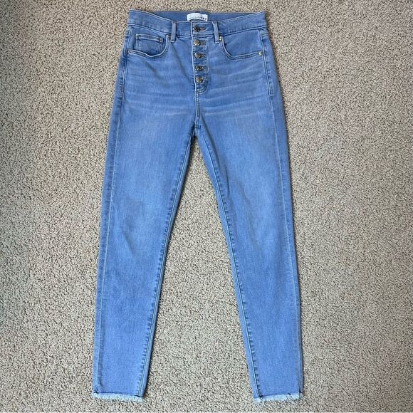 LOFT Frayed Button Fly Skinny Jeans Raw Hem Light Blue Wash Size 2/26 - Picture 3 of 10